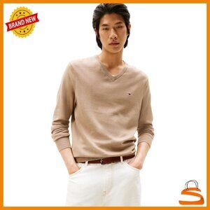 Men's Cotton V-Neck Sweater Lightweight Pullover Ribbed Cuffs Regular Fit